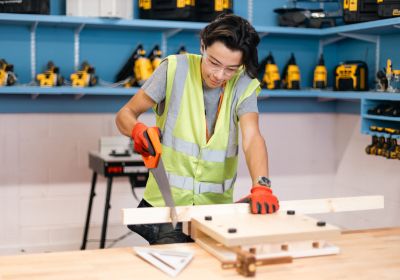 Male Construction Student Drilling In To A Wall And Wearing Hi Vis Jacket